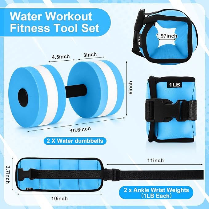 Water Aerobics Set, 4 Piece Pool Exercise Kit (2 Aqua Dumbbells + 2 Ankle/wrist Weights), EVA Foam, Low-impact Workout