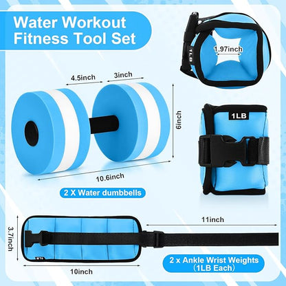 Water Aerobics Set, 4 Piece Pool Exercise Kit (2 Aqua Dumbbells + 2 Ankle/wrist Weights), EVA Foam, Low-impact Workout