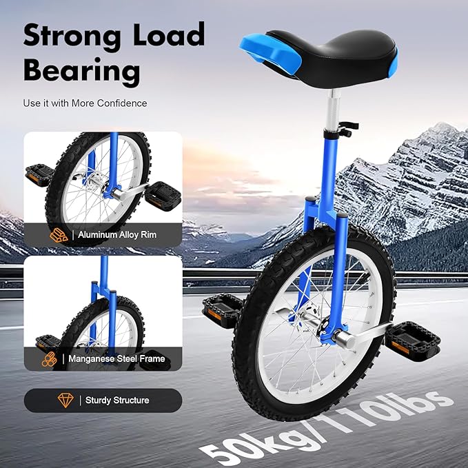 16/24 Inch Wheel Unicycle with Steel Rim, Unicycle Electric Wheel Skidproof Mountain Tire Cycling Sports Exercise with Adjustable Seat, Adults Kids Outdoor Sports Fitness Exercise Tool