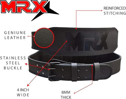 MRX Weight Lifting Belt Genuine Leather - 4 Inches Wide 8mm Thick Padded Lumbar Back Support Double Prong Powerlifting Belts Heavy Duty Deadlifts Workout Squats & Exercise Belt for Men & Women