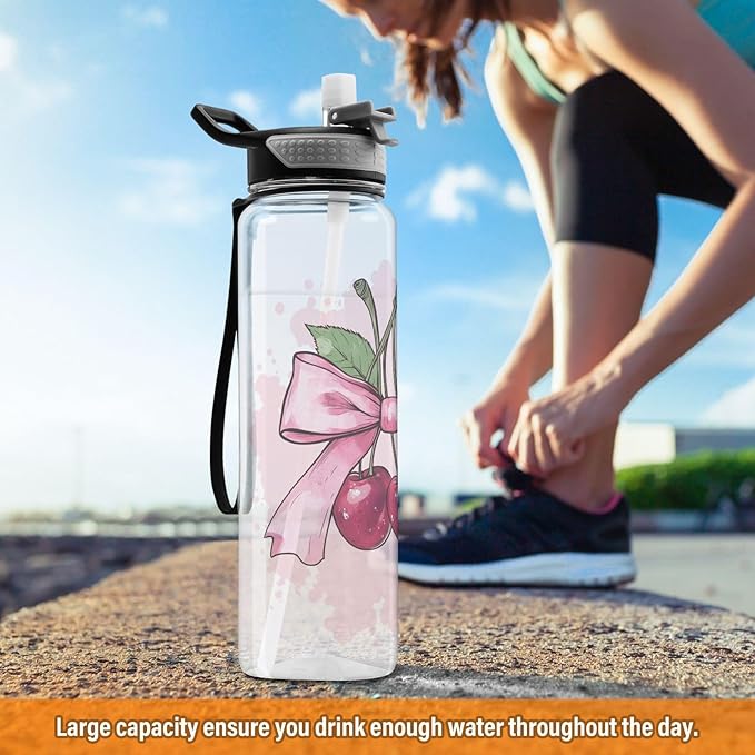 Fustylead Cute Cherry Fruit with Pink Bow 32 oz Tritan Water Bottle with Straw, Leakproof and BPA-Free Sport Water Bottle for Fitness, Gym & Outdoor