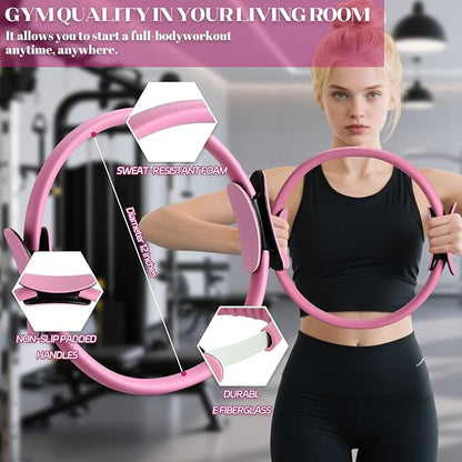 hotqueen 14 PCS Pilates Kit, Home Pilates Workout Kit for Women, Pilates Equipment with 14.9" Pilates Ring and Ball, Resistance Bands, Sliders & Grip Socks Accessories for Starter Home Workouts（Pink）
