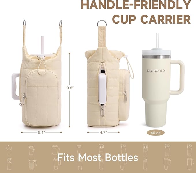 WOOMADA Water Bottle Holder Bag with Strap, 40/32 oz Crossbody Bag Gym Accessories, Sling Purses for Women(Beige)