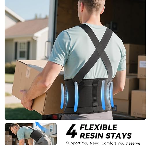 Work Back Brace for Men & Women, Adjustable Lower Back Support Belt with Suspenders for Back Pain Relief, Moving Construction Warehouse Heavy Lifting Safety & Protection (Black, XX-Large)