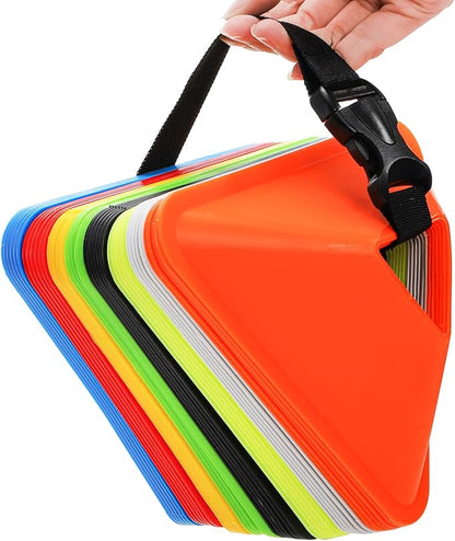 48 Pack Triangle Soccer Cones, Flexible Agility Cones with Carry Bag and Strap, Sports Drill Cones for Training, Plastic Traffic Marker Cones for Football Basketball Coaching, 8 Colors