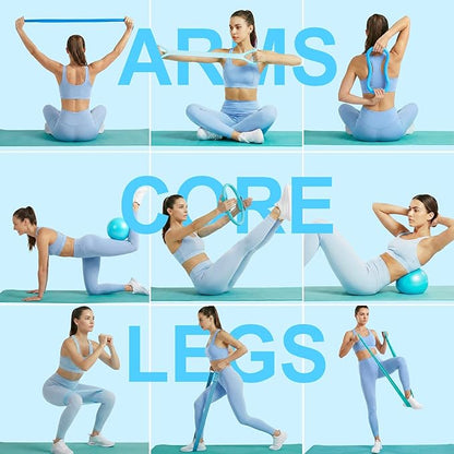 Home Pilates Ring and Ball Set for Women with 5 Resistance Bands 13 inch Magic Circle Workout Starter Kit for Beginners Full Body Toning 15 Min Daily Routine