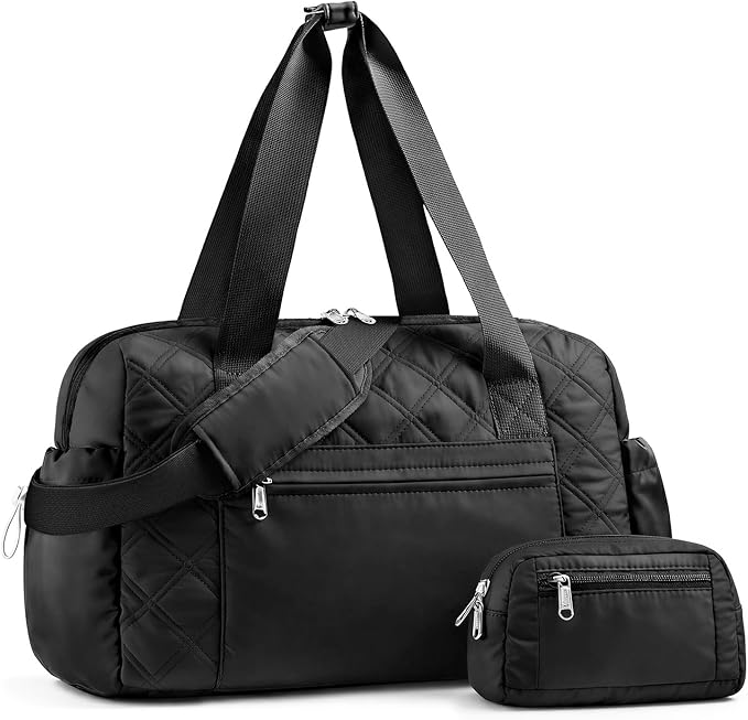 Small Gym Bag for Women, Mini Sports Duffle Bag for Workout Dance Ballet Yoga Gymnastics, Quilted Lightweight Puffer Travel Tote with Detachable Coin Purse & Wet Pocket, Black