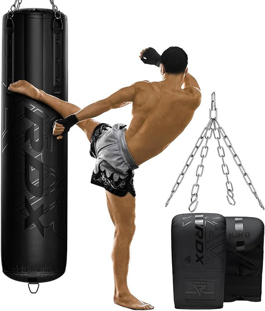 RDX Heavy 5FT Punching Bag for Pro Training, 55lbs Pre Filled with 110lbs Max Filling Capacity, 3PC Boxing Bag Set with Gloves Hanging Steel Chain, Kickboxing MMA Muay Thai BJJ Karate Home Gym Fitness