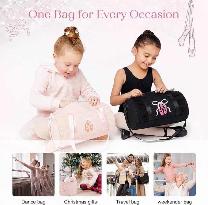 Dance Bag for girls, KUIRAN 8L Dance Duffel Bag with Separate Shoe Compartment Lightweight Water-resistant Sport Bag for Dance, Ballet, Gym, Travel - Pink