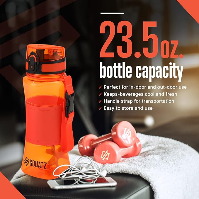 SQUATZ 24 Oz Poseidon Series Water Bottle for Protein and Fruit Shakes - Premium Quality Wide Mouth Gym Flask Fruit Infuser Strainer, Carrying Strap, Leak Resistance, No Condensation Sleeve,Orange