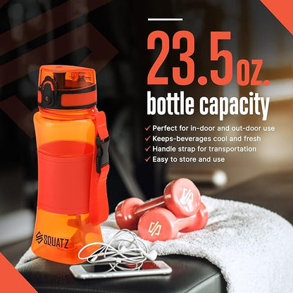 SQUATZ 24 Oz Poseidon Series Water Bottle for Protein and Fruit Shakes - Premium Quality Wide Mouth Gym Flask Fruit Infuser Strainer, Carrying Strap, Leak Resistance, No Condensation Sleeve,Orange