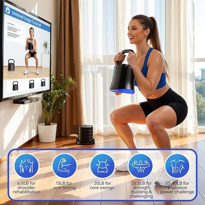 Adjustable Kettlebell，6-in-1 Quick Change Adjustable Kettlebell Set (6.5-40 LBS) for Home Gym - Space-Saving Design with Scratch-Resistant Rubber Base to Protect Floors, Two-Way Rotating Handle for Full Body Workouts