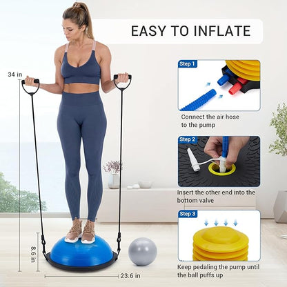 23/25In Half Balance Ball with Non-Slip Base, 1600Lb Capacity Stability Trainer for Core Workout, Includes Resistance Bands, Pump, and Bonus Ball, for Home Gym Stability Workouts