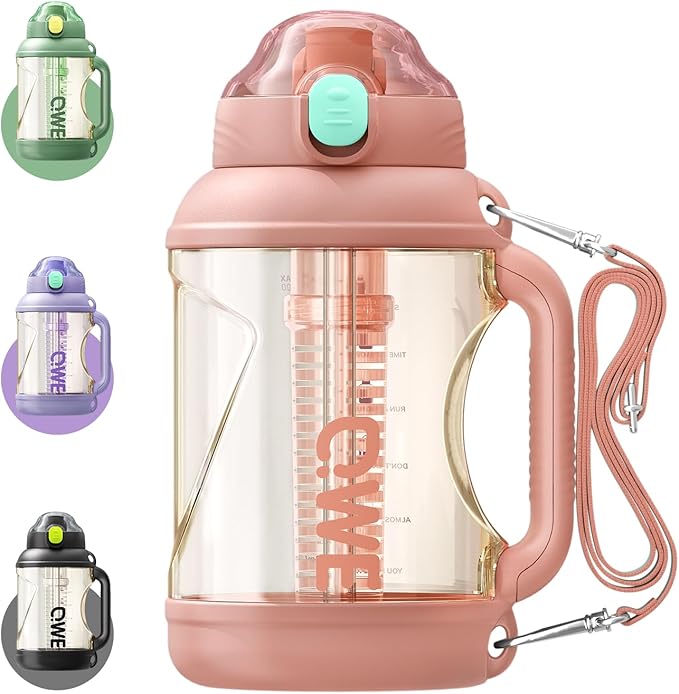 QWE Gym Large Water Bottle for women with lids and Straws&Handle,54oz,Heat-resisting,Reusable,PPSU BPA Free, Plastic Water Bottle Double drinking,leak proof, for Travel,Sport,Outdoors,camping(Pink)