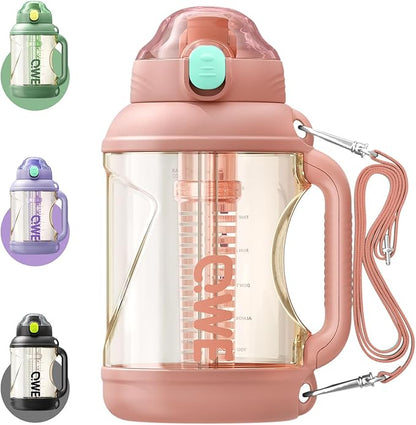QWE Gym Large Water Bottle for women with lids and Straws&Handle,54oz,Heat-resisting,Reusable,PPSU BPA Free, Plastic Water Bottle Double drinking,leak proof, for Travel,Sport,Outdoors,camping(Pink)