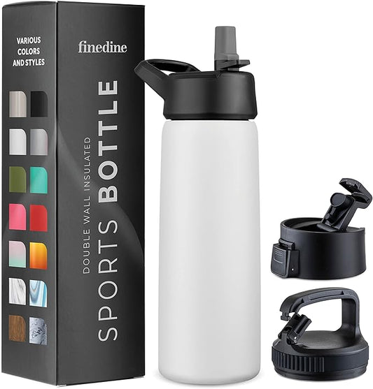 FineDine Triple Walled, Insulated Water Bottles with Straw - 25 Oz Stainless Steel Metal Bottle W/ 3 Leak Proof Lids - For Travel, School, Sports, Gym/Men, Women & Kids - Pure Pearly White