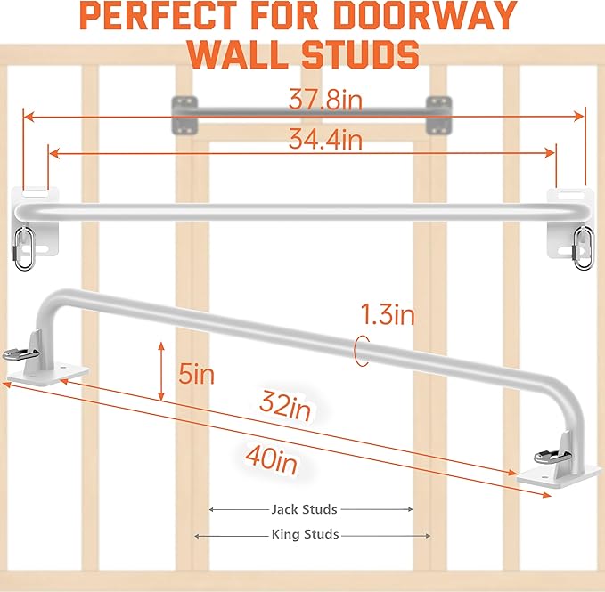 36" Heavy Duty Pull Up Bar Wall/Joist Mounted, 600 LB Capacity, Multi-Grip Bar for Garage & basement rafter Use - All-in-One Workout Station with Carabiners & Space-Saving Design