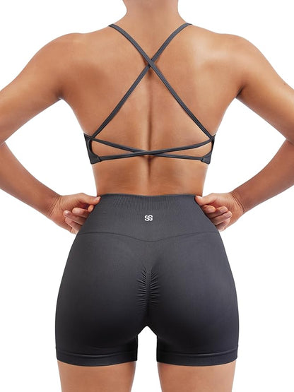 SUUKSESS Women Seamless Workout Sets Strappy Sports Bra High Waist Booty Shorts Outfits