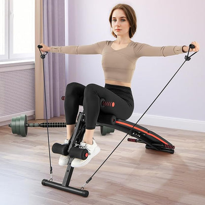 KOTEK Sit Up Bench, Foldable & Adjustable Ab Workout Equipment with 2 Elastic Ropes & Handle, 300 Lbs Weight Capacity, Decline Bench for Abs, Crunch, Strength Training Exercise for Home Gym