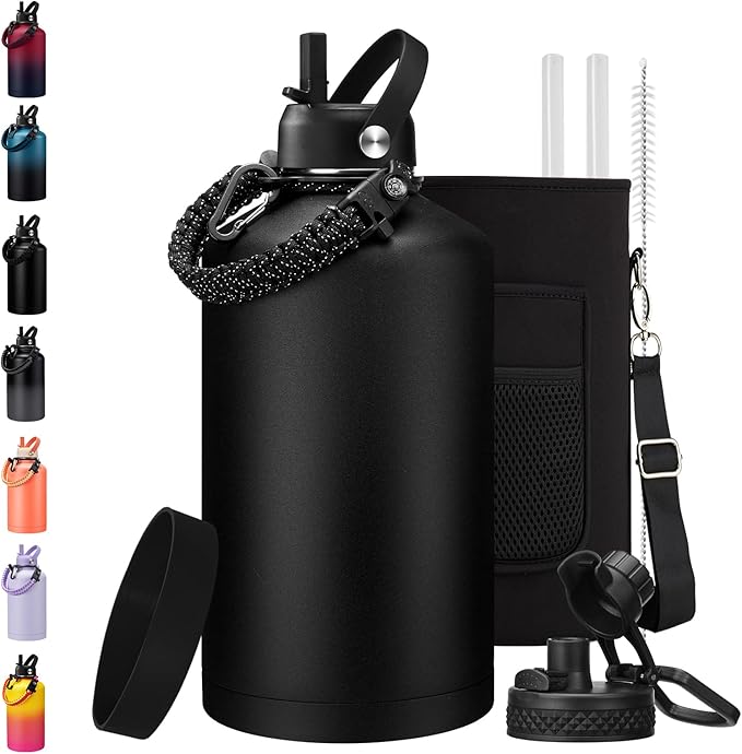 1 Gallon Water Bottle Insulated - with Straw & Auto Chug Lid, Carrier Bag, Protective Boot, Paracord Handle, Stainless Steel Water Bottle 128 oz, Large Metal One Gallon Water Jug for Travel Gym