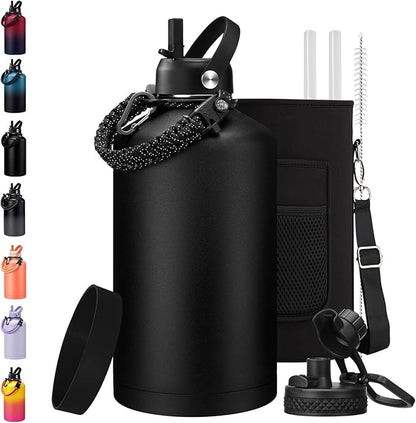 1 Gallon Water Bottle Insulated - with Straw & Auto Chug Lid, Carrier Bag, Protective Boot, Paracord Handle, Stainless Steel Water Bottle 128 oz, Large Metal One Gallon Water Jug for Travel Gym