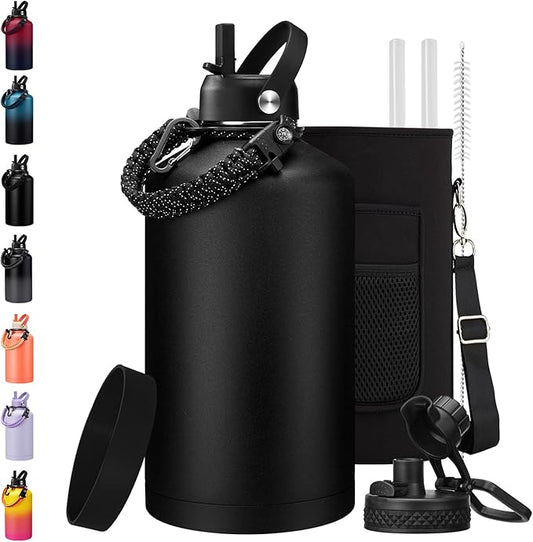 1 Gallon Water Bottle Insulated - with Straw & Auto Chug Lid, Carrier Bag, Protective Boot, Paracord Handle, Stainless Steel Water Bottle 128 oz, Large Metal One Gallon Water Jug for Travel Gym