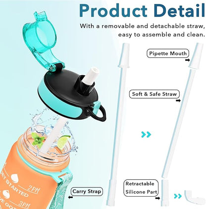 Enerbone Water Bottle, Leakproof BPA & Toxic Free, Motivational Water Bottle with Times to Drink and Straw, Fitness Sports Water Bottle with Strap for Office, Gym, Outdoor Sports