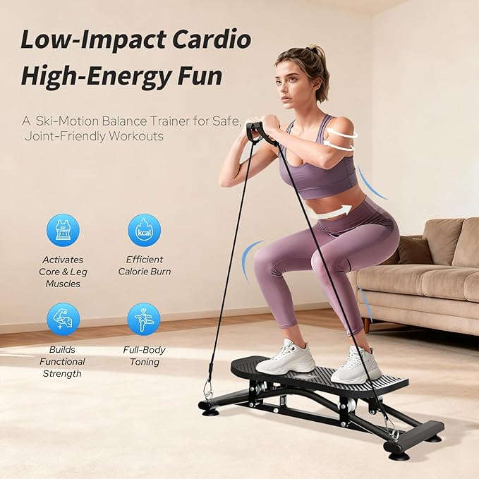 Balance Board for Adults, Ski Machine Exercise Equipment with Resistance Bands, Rock Stepper Featuring LCD Monitor, Portable Wobble Board or Full Body Workout at Home Gym