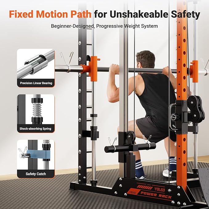 YOLEO Smith Machine & Squat Rack Combo, Multi-Functional Power Racks with Adjustable Width & Pull-Up Bar, Cable Crossover Power Cage, Independent Dual-Pulley System for Home Gym Garage Basement