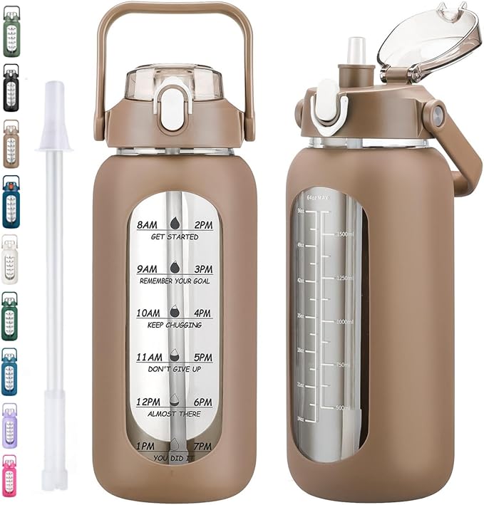 kytffu 64oz Glass Water Bottles with Straw, Half Gallon Motivational Glass Bottle with Silicone Sleeve and Time Marker, 2L Leakproof Large Glass Water Jug for Gym Home Office,Amber