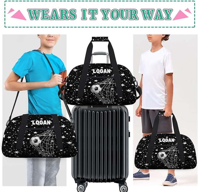 Personalized Gym Bag Soccer Sports Duffel Bag Kids Boys, Custom Name Weekender Gymnastics Training Bag for Men Traveling Business Trip, Soccer Goal Stars Pattern Black