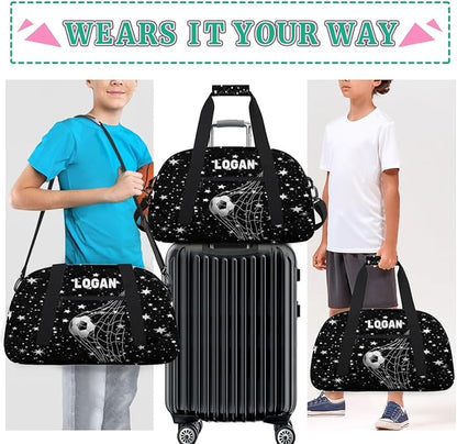 Personalized Gym Bag Soccer Sports Duffel Bag Kids Boys, Custom Name Weekender Gymnastics Training Bag for Men Traveling Business Trip, Soccer Goal Stars Pattern Black