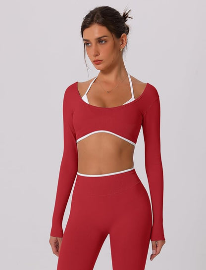 ABOCIW Workout Sets for Women Long Sleeve Crop Top Scrunch Butt Lifting High Waist Leggings 2 Piece Gym Yoga Outfits