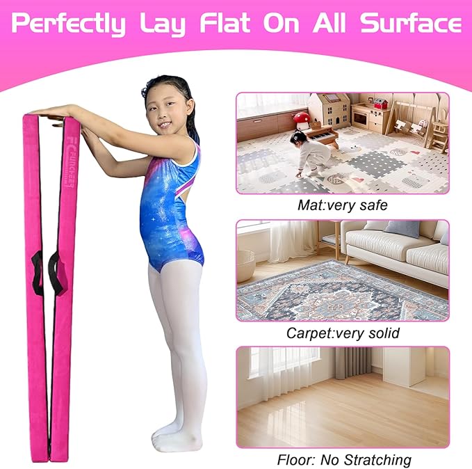 8FT Folding Balance Beam -Gymnastics Floor Beam -Gymnastics Equipment for Kids,Wood core- Anti-Slip Bottom and Carrying Bag for Home