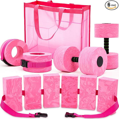 6 Pcs Aquatic Exercise Set Water Aerobics Set Large Mesh Beach Bag Pool Fitness Equipment Foam Water Dumbbell Ankle Swimming Weight Aquatic Swim Belt for Exercise Weight Loss