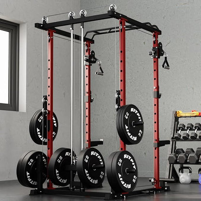 RitFit Multi-Function Garage & Home Gym Package Includes 1200LBS Power Cage PPC03/P3 with Cable Crossover System, Weight Bench, Olympic Barbell Weight Set, Full Body Workout