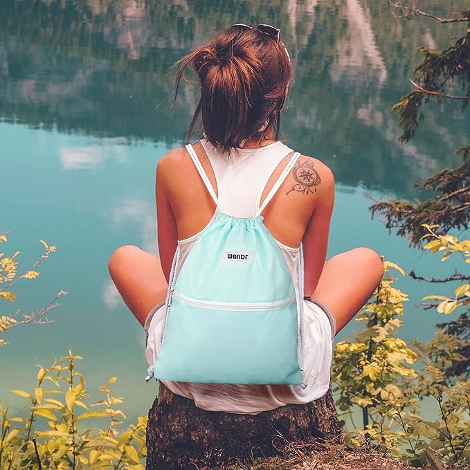WANDF Drawstring Backpack String Bag Sackpack Cinch Water Resistant Nylon for Gym Shopping Sport Yoga (Mint Green)