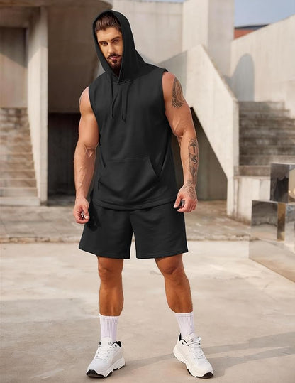 COOFANDY Mens Sleeveless Workout Hoodie Shorts Set 2 Piece Outfits Hooded Tank Tops Gym Tracksuit Sweatsuits