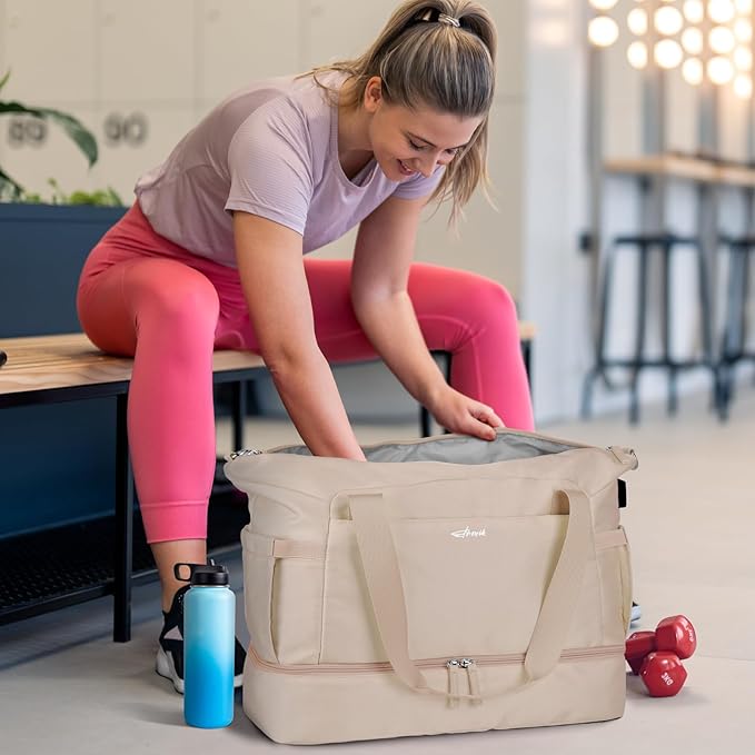 ETRONIK Gym Bag for Women, 45L Carry On Travel Duffel Bag with Shoes Compartment, Weekender Overnight Bag with Wet Pocket & USB Charging Port for Women, Travel, Gym, Weekend, Large Size (Beige)