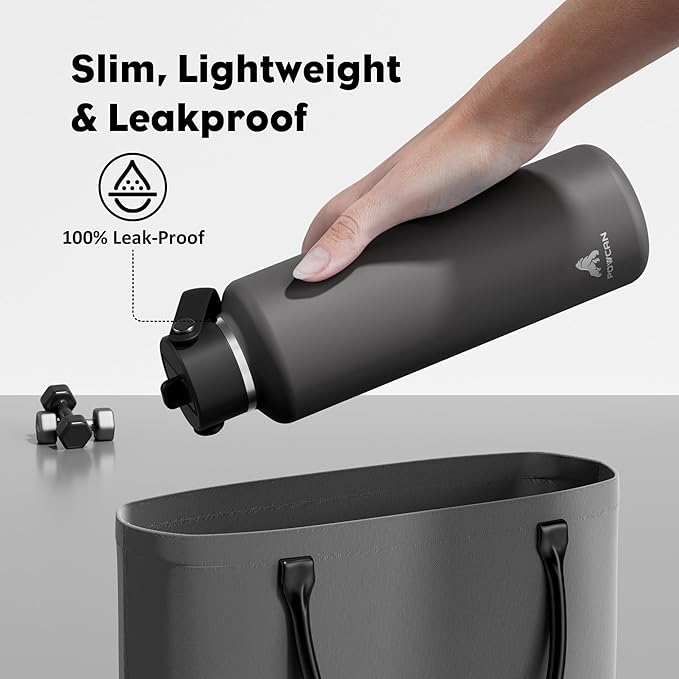 POWCAN 24 oz Stainless Steel Slim Water Bottle: Sweatproof, Flex Cap, Lightweight, Standard Mouth, Top Handle, Vacuum Insulated Flask with straw for Office, Home, Commute, Workouts, Boy (Stone Gray)