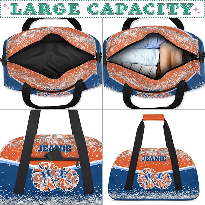 Personalized Cheer Gym Bags for Girls Kids Cheerleaders with Custom Name Sport Dance Perform Training Duffel Bags for Overnight Weekender Travel Orange Blue
