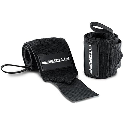 Fitgriff® Wrist Wraps for Weightlifting (18") Heavy-Duty Support for Gym, Bench Press, and Pushups (1 Pair) - for Men and Women (Black)