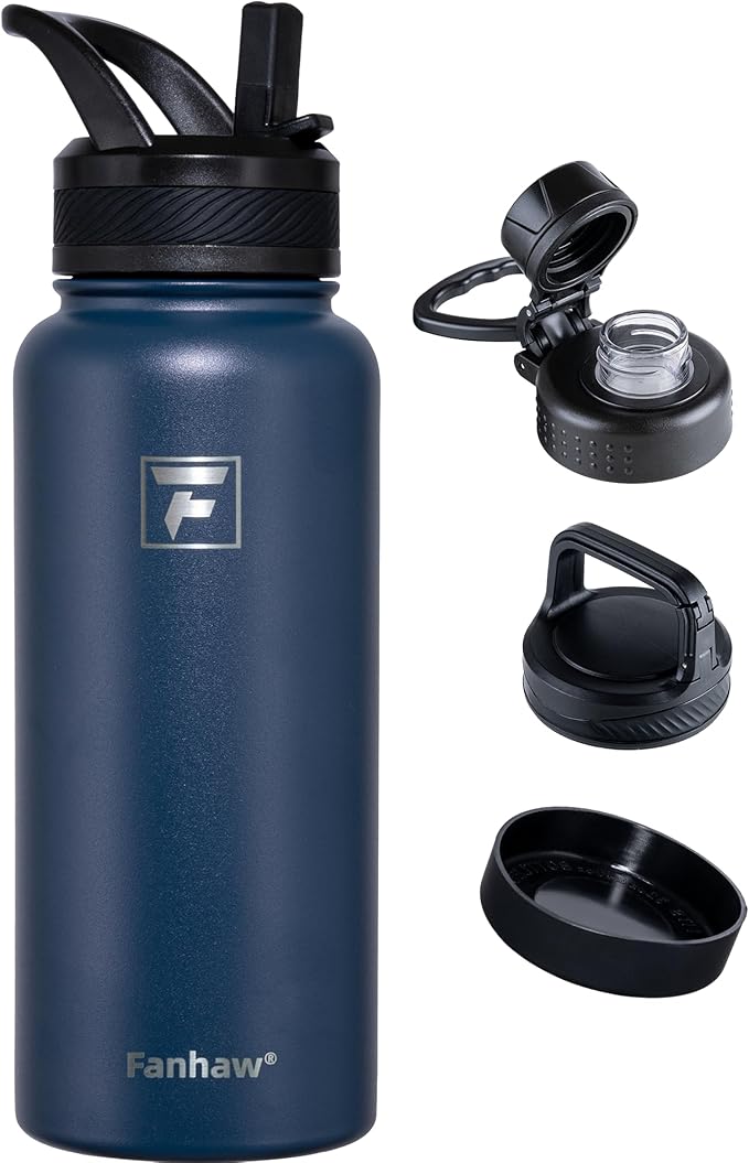 Fanhaw 32 oz Insulated Water Bottle – Portable Stainless Steel Flask with 3 Lids (Straw, Spout, Carabiner) | Leakproof, for Gym, Hiking, Work, Travel & Everyday Use (Navy Blue)