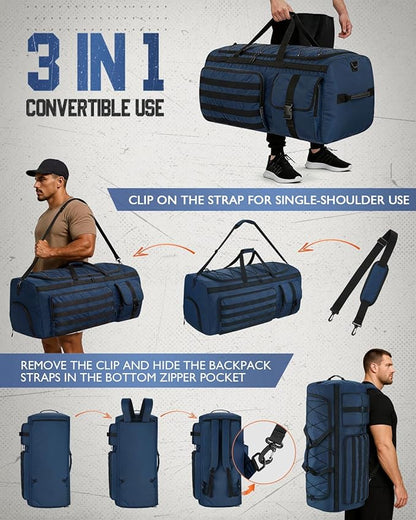 Gonex 90L Extra Large Duffel Bag for Men, Heavy Duty 3 in 1 Convertible Carry Travel Duffle, with Shoe Compartment, Tactical Loops, Sports Gear Bag for Family Trips (Dark Blue)