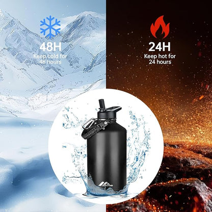 StarSpeed One Gallon Insulated Water Bottle with Straws & 2 Lids, 128oz Stainless Steel Double Walled Vacuum Water Jug, Large Wide Mouth with Paracord Handle for Gym Camping Hiking, Black