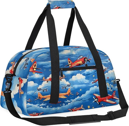 Airplane Kids Duffel Bag for Boys, Aircraft Clouds Sports Gym Bag Overnight Travel Weekender Bag Lightweight Carry On Sleepovers Bag for School Practice Gymnastics