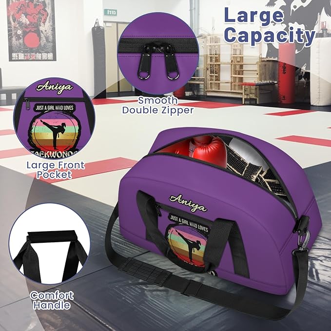 Custom Name Taekwondo Karate Duffle Bag for kids Girls - Personalized Martial Arts Gear Bag, Water-Resistant Sparring Equipment Bag, Taekwondo Purple