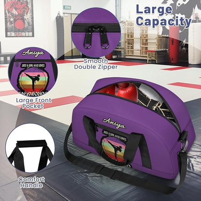 Custom Name Taekwondo Karate Duffle Bag for kids Girls - Personalized Martial Arts Gear Bag, Water-Resistant Sparring Equipment Bag, Taekwondo Purple