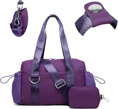 Everyday Mini Gym Bag for Women 2.0, Small Tote with Zipper Compartment Waterproof Travel Duffle Cute Handbag Workout Carry On with Removeable Shoulder Strap & Coin Wallet Easy to Clean - Grape