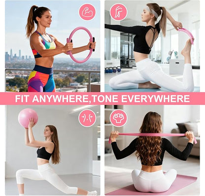 Pilates Equipment Set for Home Workouts, 4-in-1 Pilates Ring, Resistance Bands, Mini Exercise Ball & Fitness Strap, Full-Body Toning Kit for Beginners to Advanced, Core Strength & Flexibility Training